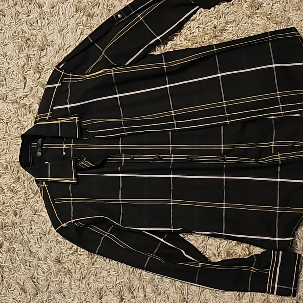 Black wide plaid yellow/grey casual button down shirt "smash"